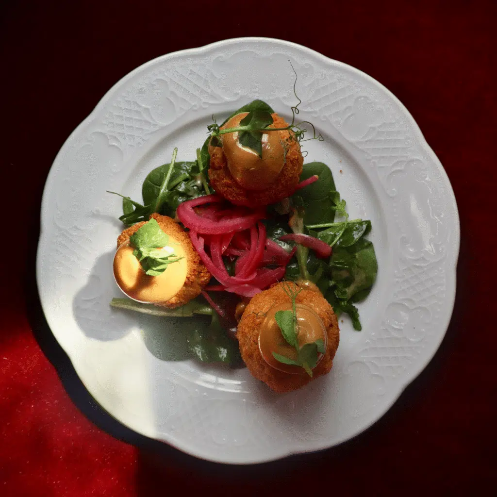 Croquettes de cochon années, mayonnaise maison à l'ail noir