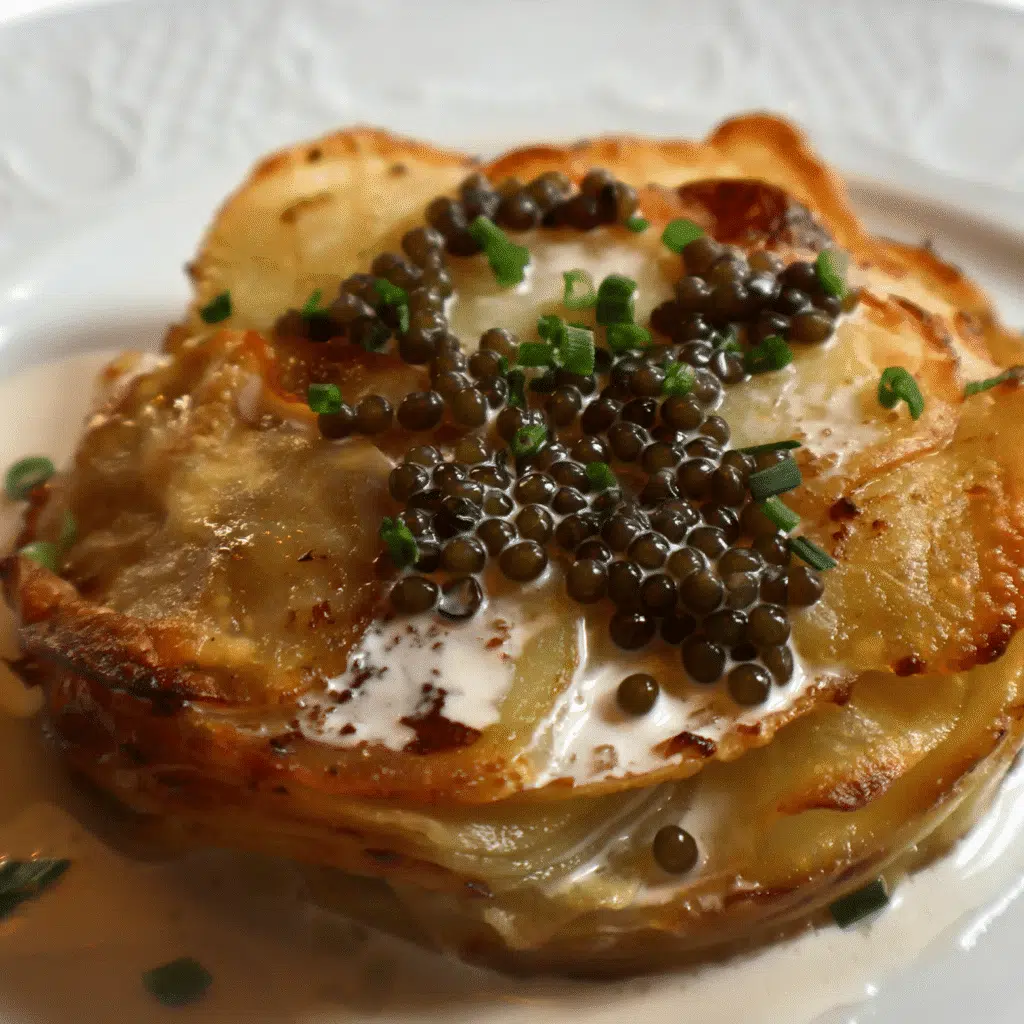 Tatin de pommes de terre nappée de crème et surmontée de caviar, plat raffiné chez Eva Restaurant Lille.