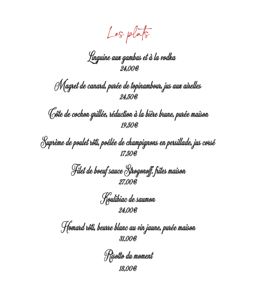 Carte des plats, EVA, novembre 2025