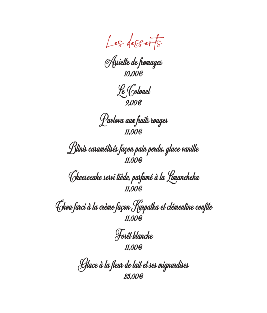 Carte des desserts, EVA, novembre 2025